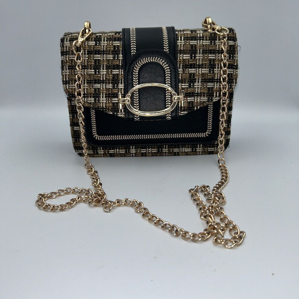 Womens Black Tweed Crossbody Handbag Gold Chain Shoulder Purse